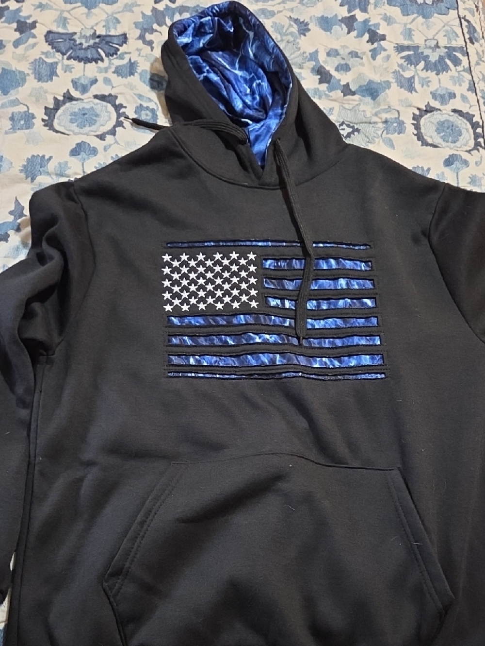 Mossy Oak Black Hoodie with Blue Flag Accent